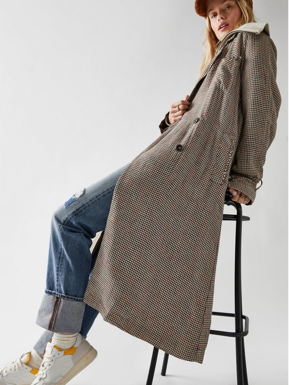 We The Free Liberty Duster Brown Houndstooth Trench Coat size XS